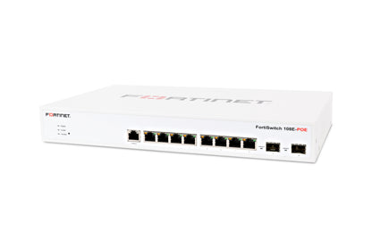 Fortinet FortiSwitch 108E-POE white switch with black ports, red branding