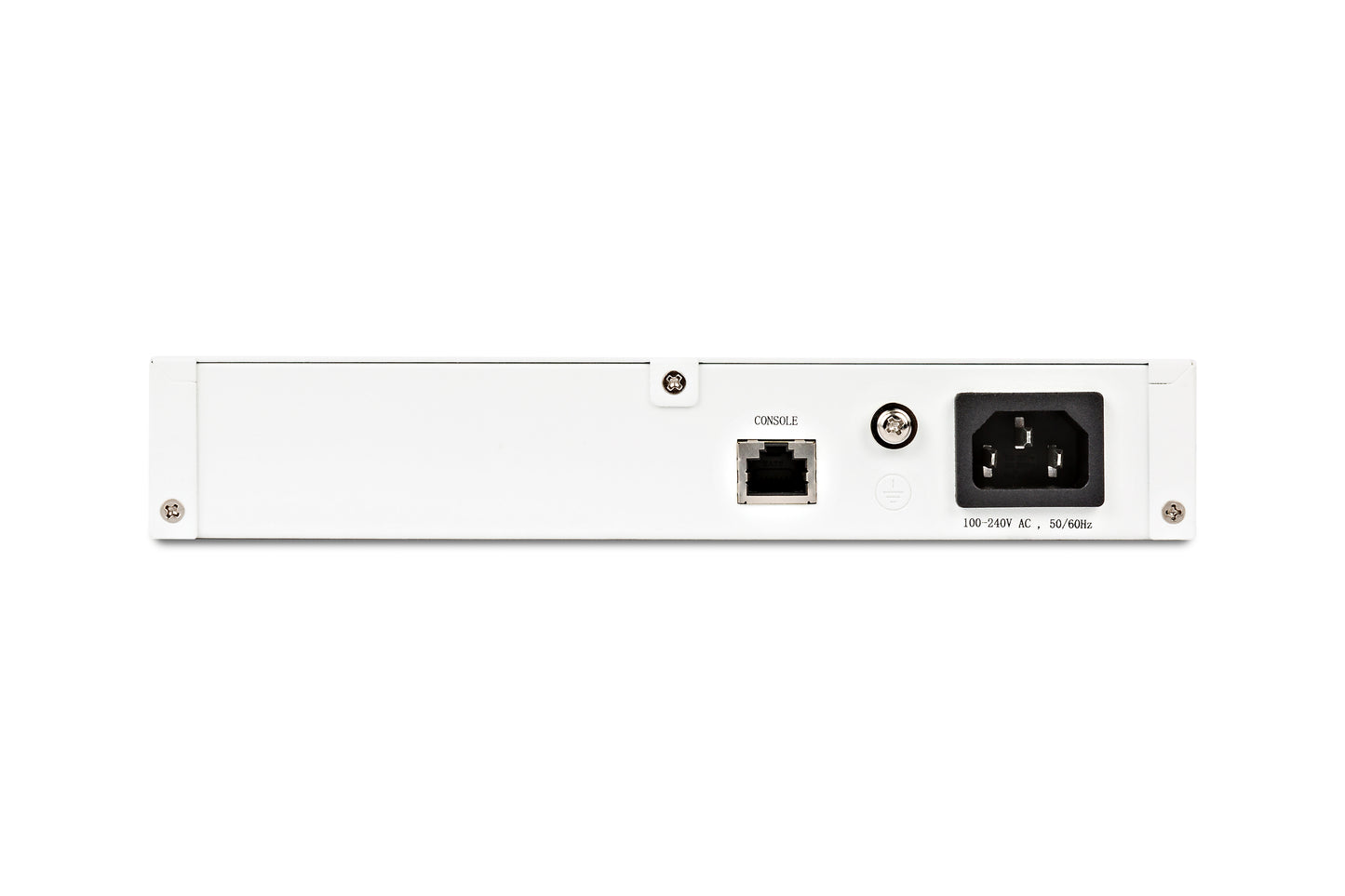 Back of Fortinet FS-108E switch with console port and power input