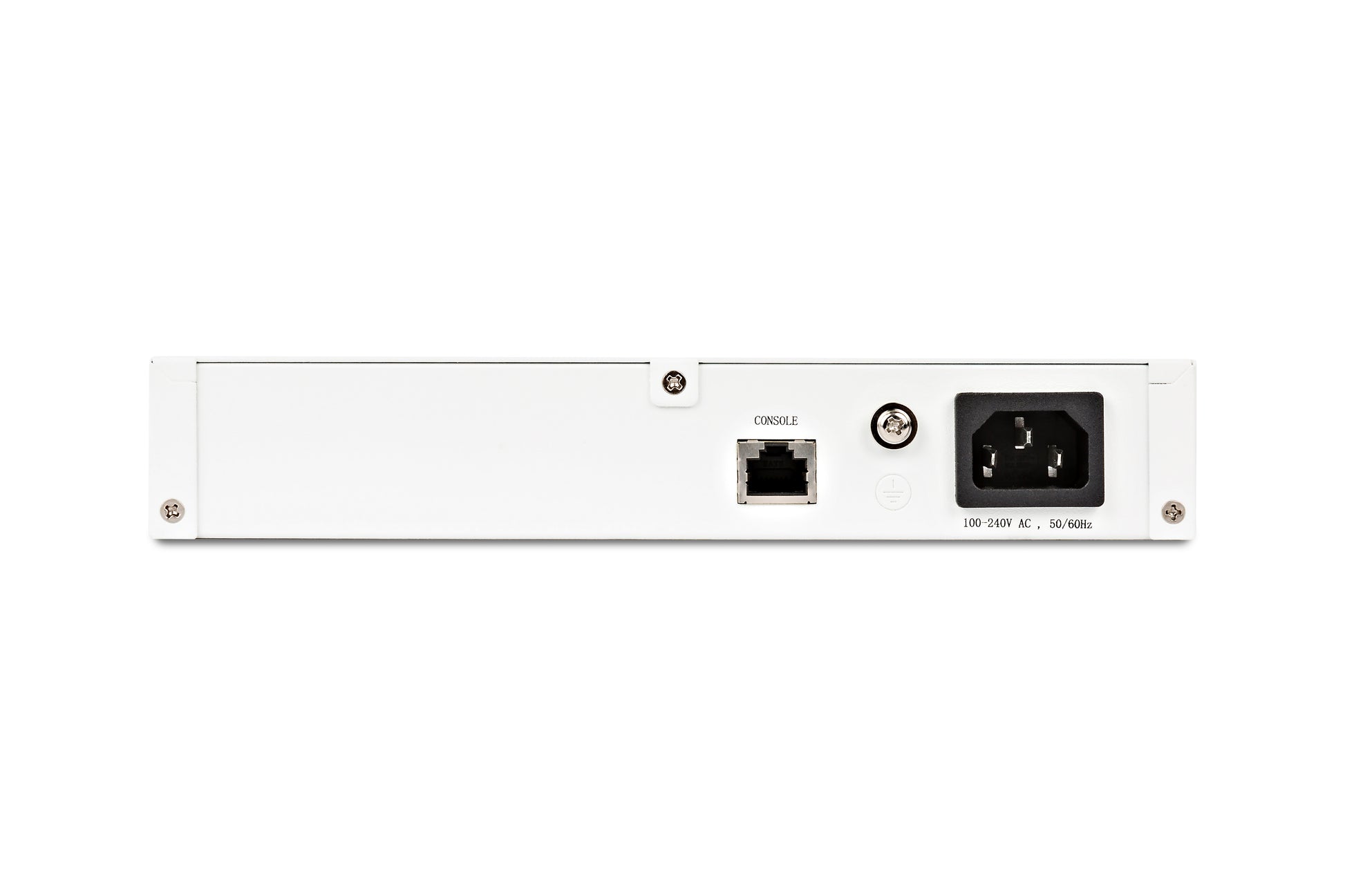 Back of Fortinet FS-108E switch with console port and power input