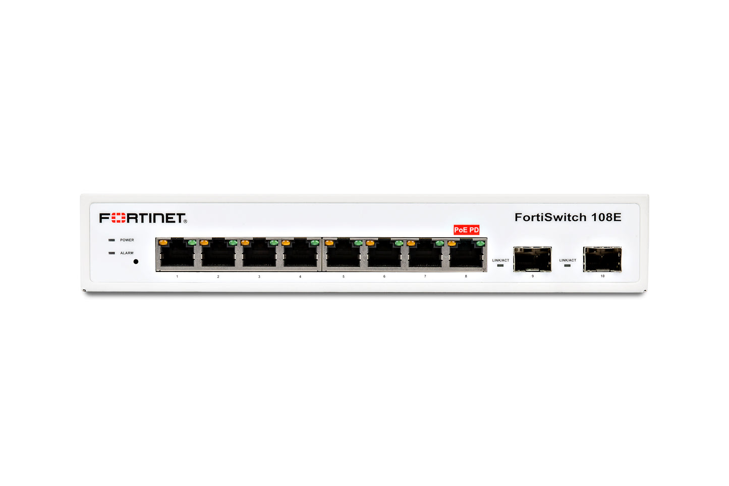 White Fortinet FortiSwitch 108E with 8 GE RJ45 and 2 GE SFP ports