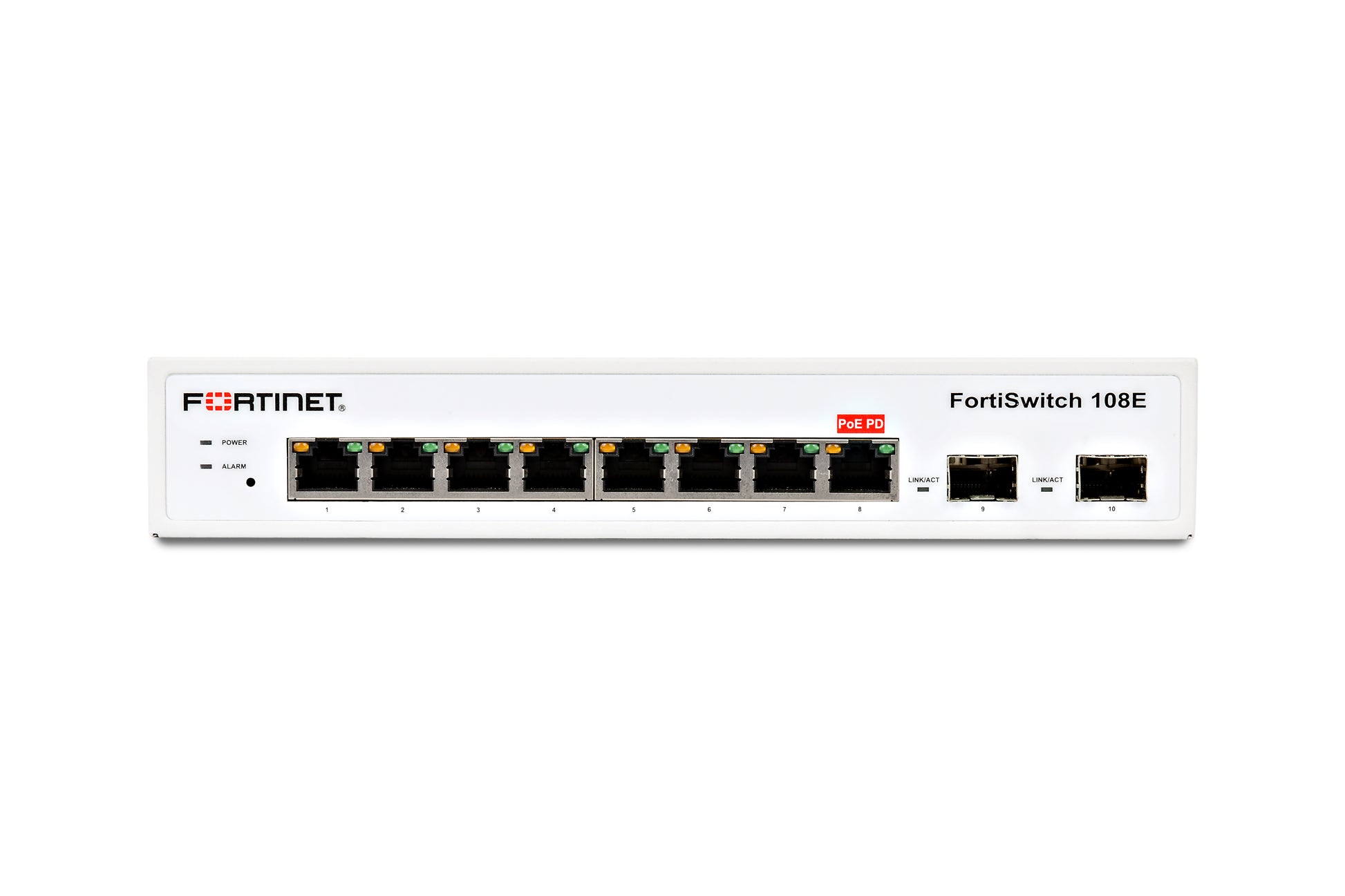 White Fortinet FortiSwitch 108E with 8 GE RJ45 and 2 GE SFP ports