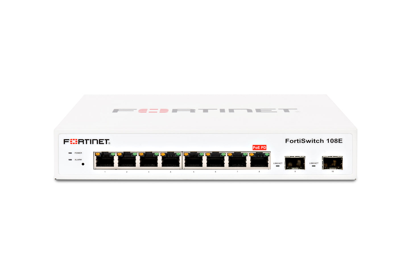Fortinet FortiSwitch 108E back view: 8 GE RJ45, 2 GE SFP ports