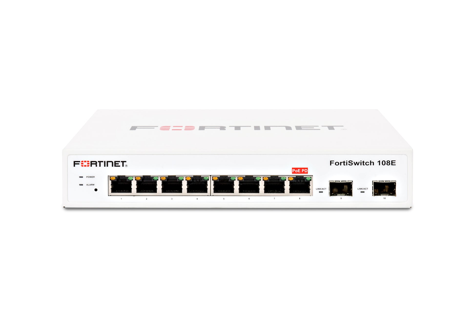 Fortinet FortiSwitch 108E back view: 8 GE RJ45, 2 GE SFP ports