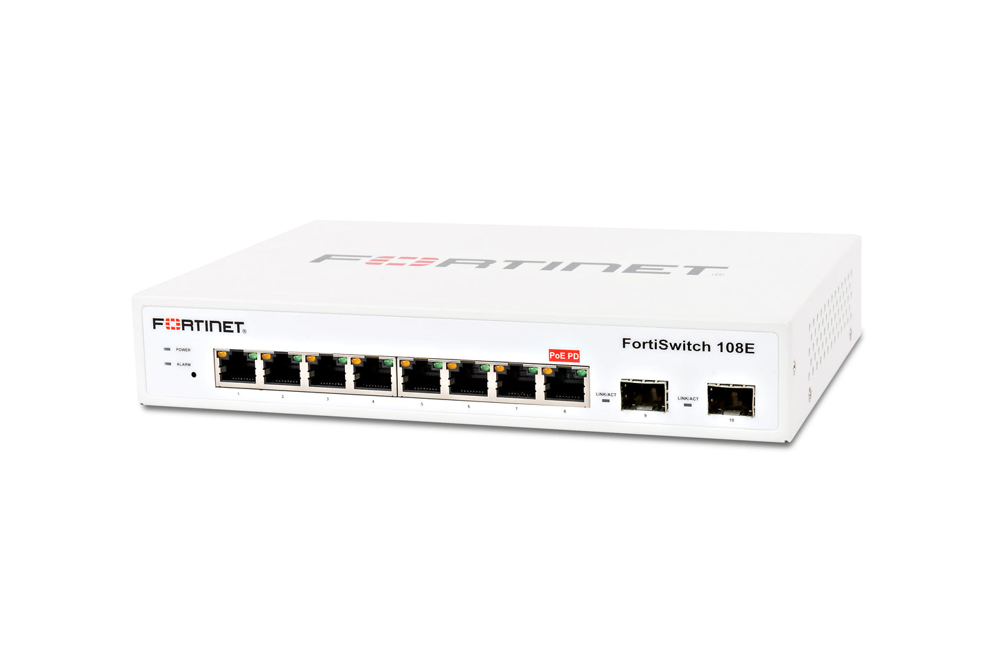 White Fortinet FortiSwitch 108E with 8 GE RJ45 and 2 GE SFP ports