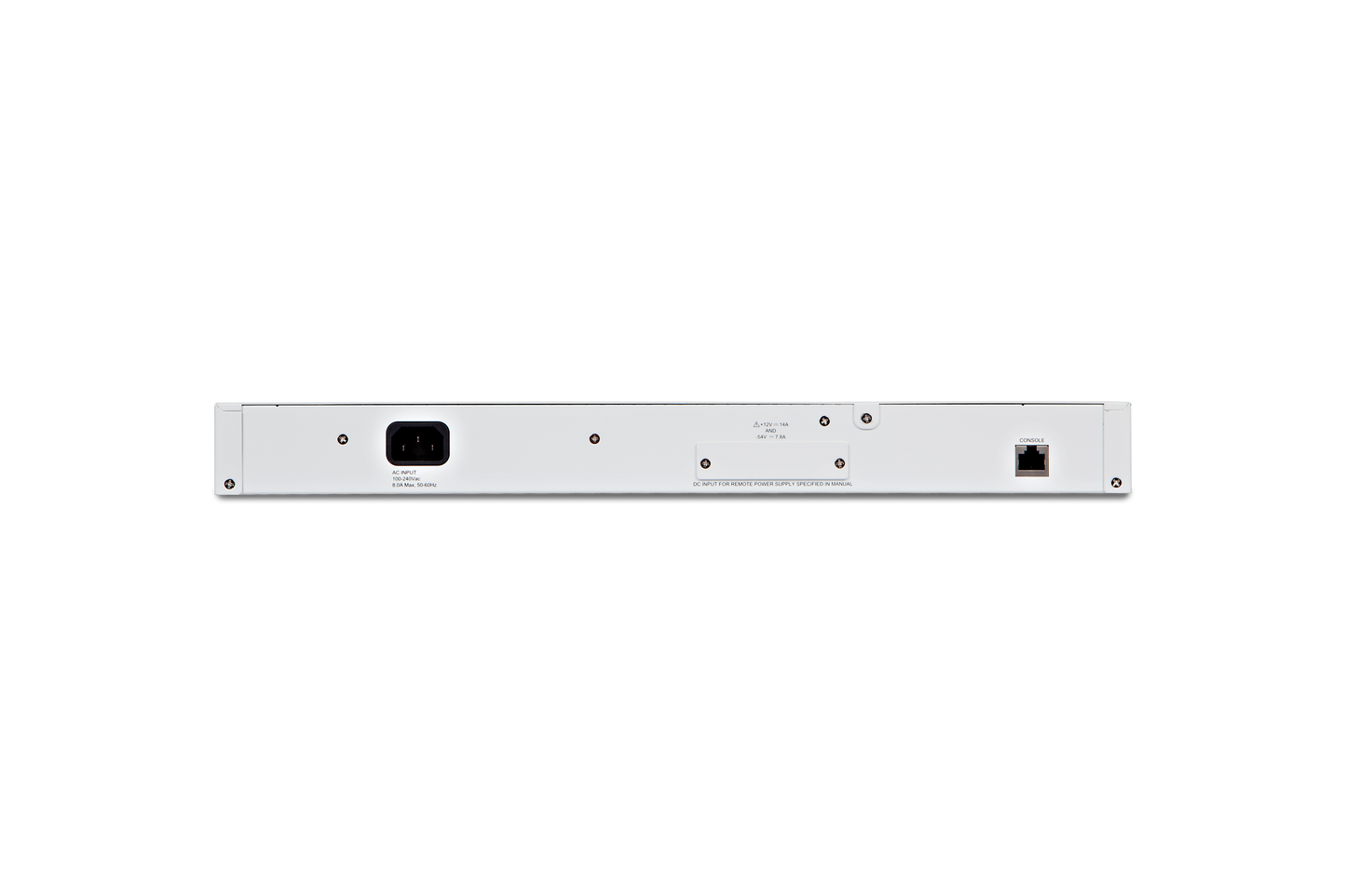 Rear view of Fortinet FortiSwitch-224D-FPOE with power and Ethernet ports