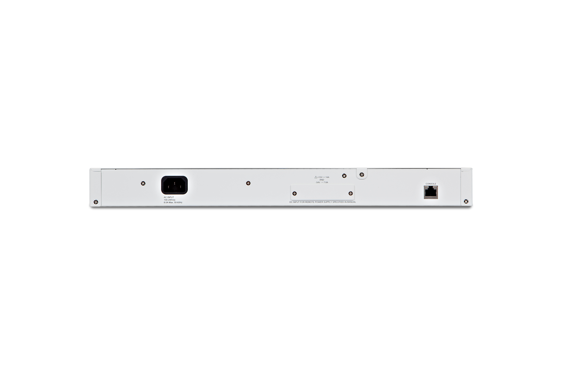 Rear view of Fortinet FortiSwitch-224D-FPOE with power and Ethernet ports