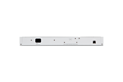 Rear view of Fortinet FortiSwitch-224D-FPOE with power and Ethernet ports