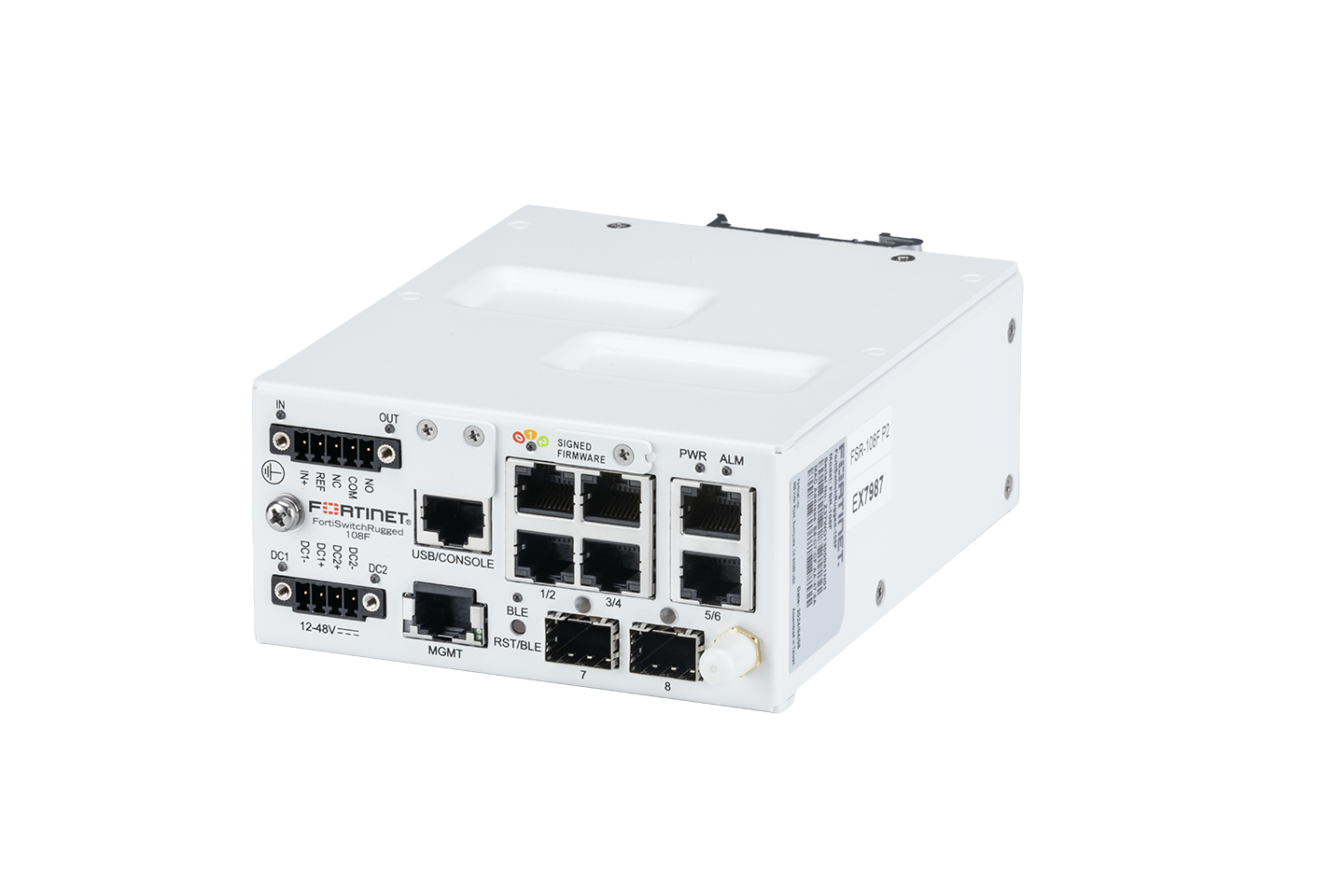 Fortinet FortiSwitch Rugged-108F white switch with Ethernet ports and LEDs