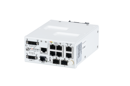 Fortinet FortiSwitch Rugged-108F white switch with Ethernet ports and LEDs