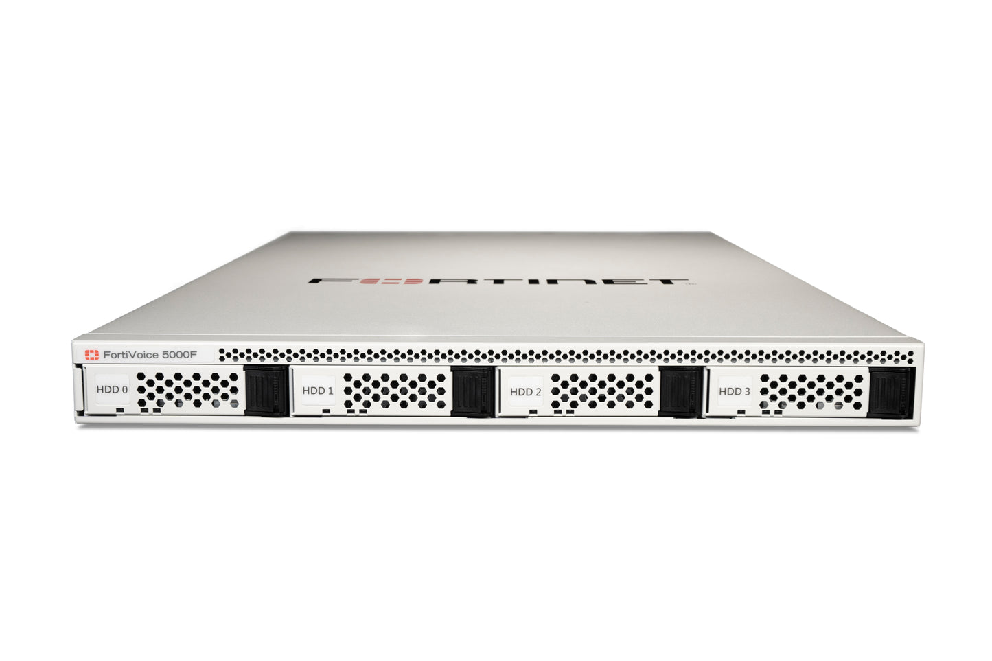 Silver Fortinet FortiVoice 5000F server with 4 HDD bays and perforated panel