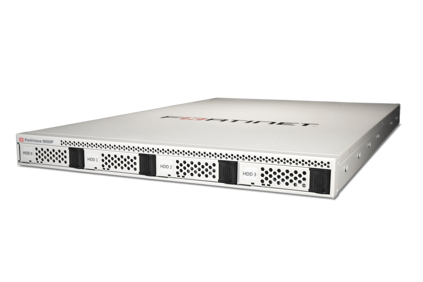 Fortinet FVE-5000F FortiVoice-5000F server with silver chassis, black HDD slots, perforated panels, 4x1GbE ports, 2xSFP, 2TB RAID 1