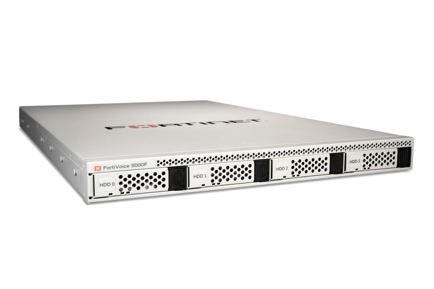 Silver Fortinet FortiVoice 5000F server with 4 HDD bays and perforated front