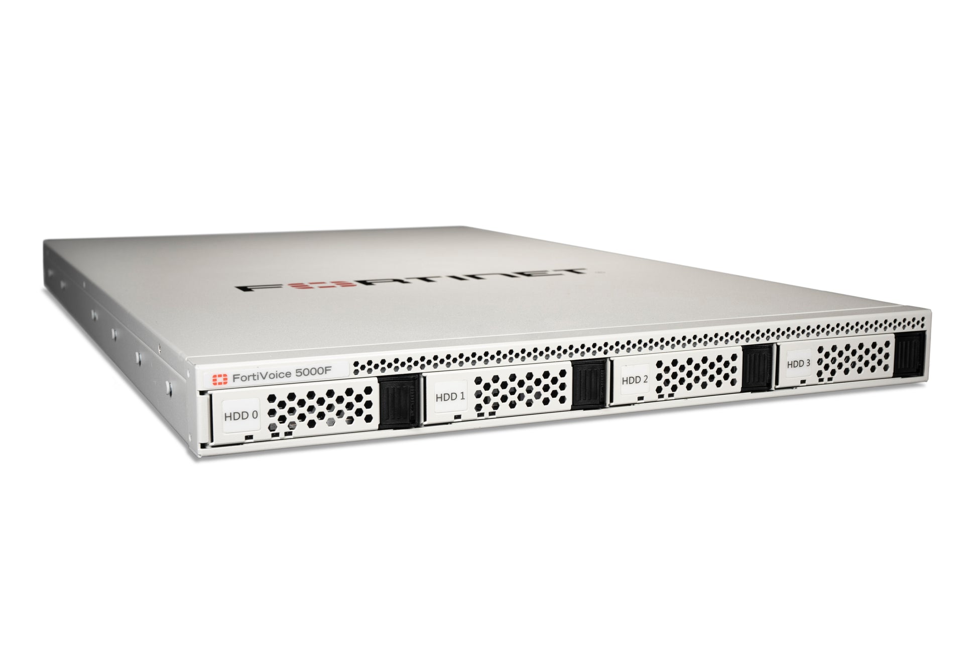 Silver Fortinet FortiVoice 5000F server with 4 HDD bays and perforated front