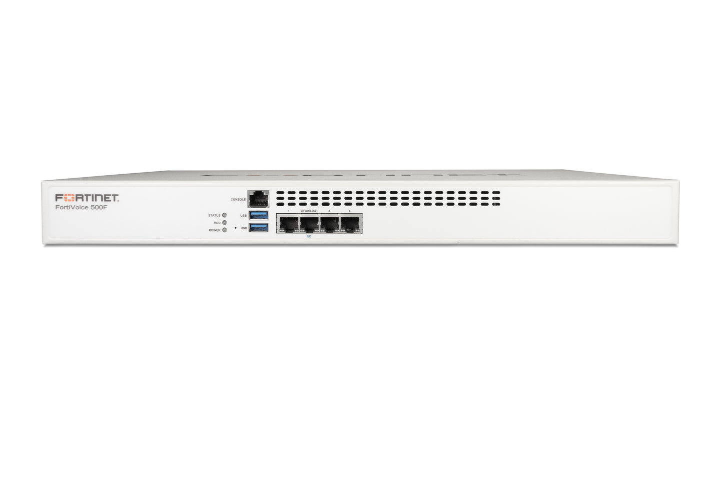 White Fortinet FortiGate-60D firewall with front ports, sleek design