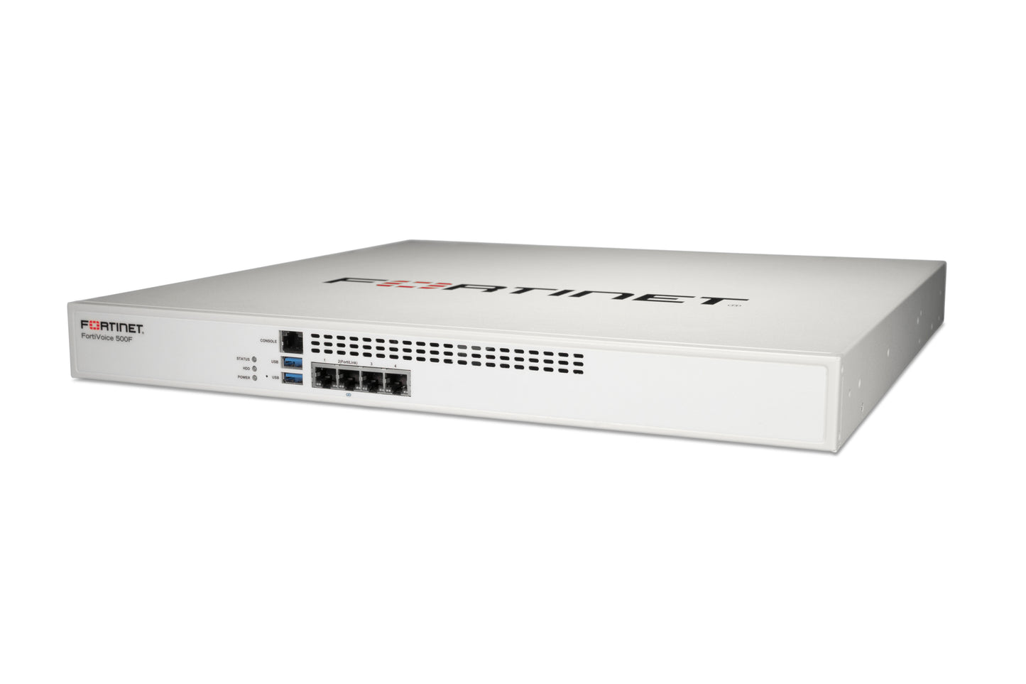 White Fortinet FortiVoice-500F FVE-500F with 4x 1GbE ports front view