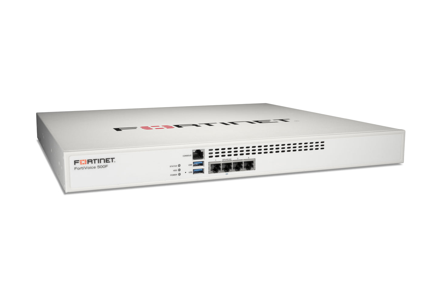 White Fortinet FortiVoice 500F with 4x 1GbE ports front view