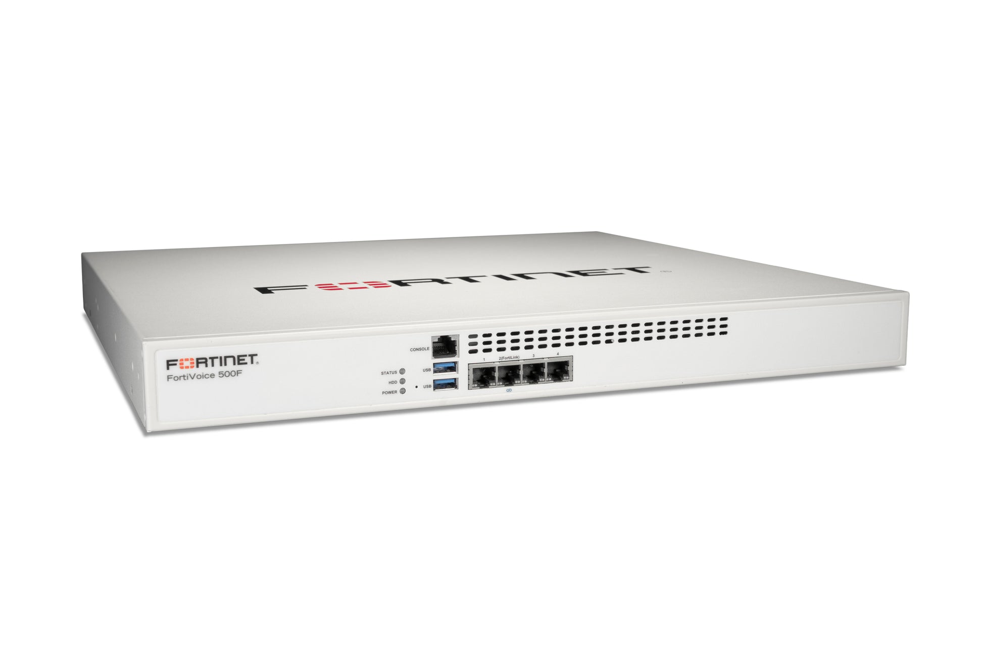 White Fortinet FortiVoice 500F with 4x 1GbE ports front view