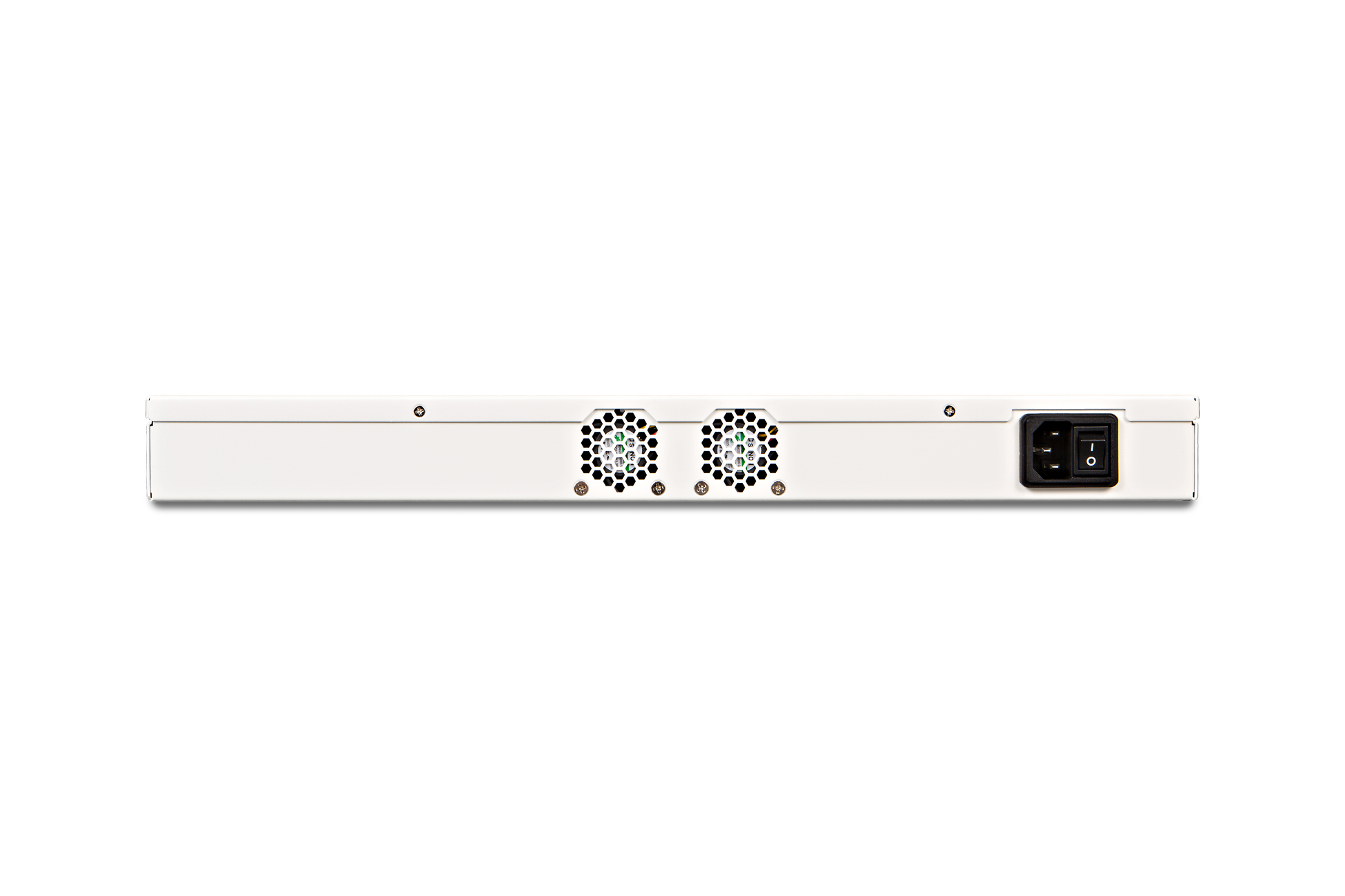 Back of Fortinet FWM-100D server rack with hex vents and power port