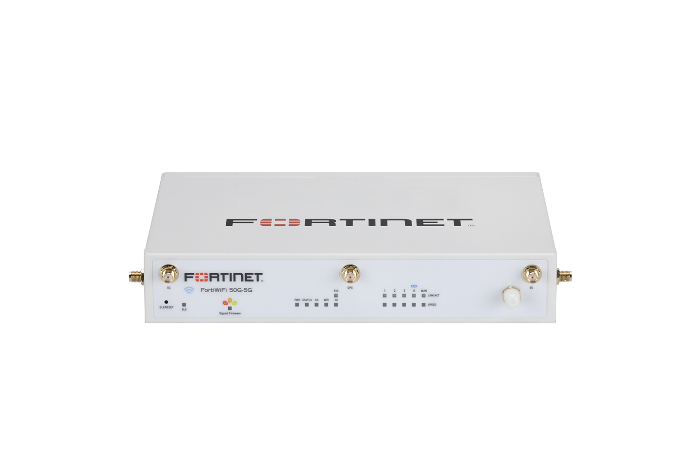 White Fortinet FortiWiFi 502-SS router with gold antenna connectors