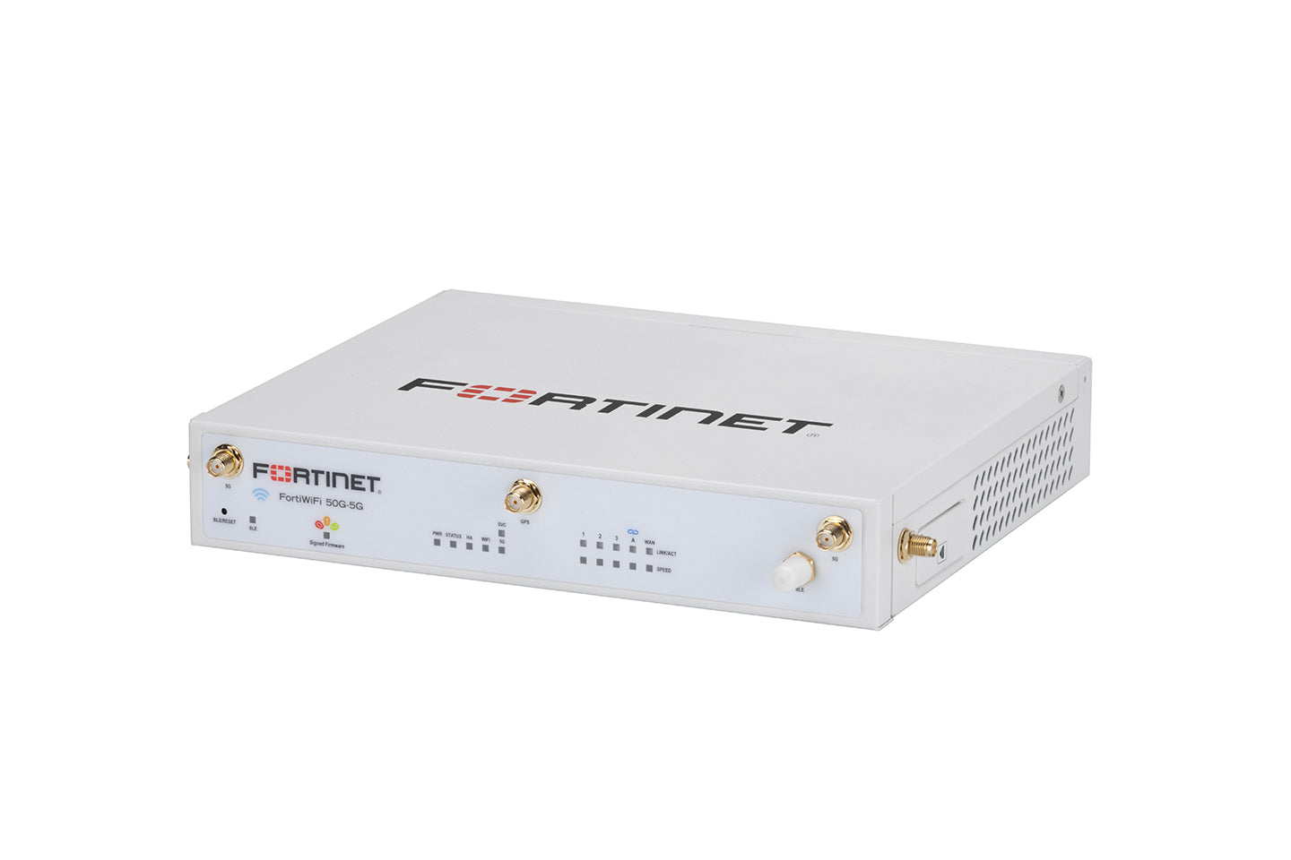 White Fortinet FortiWiFi 50D-SS router with gold antennas and ports