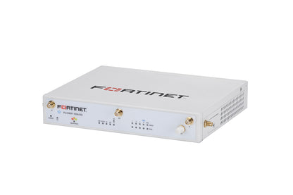 White Fortinet FortiWiFi 50D-SS router with gold antennas and ports