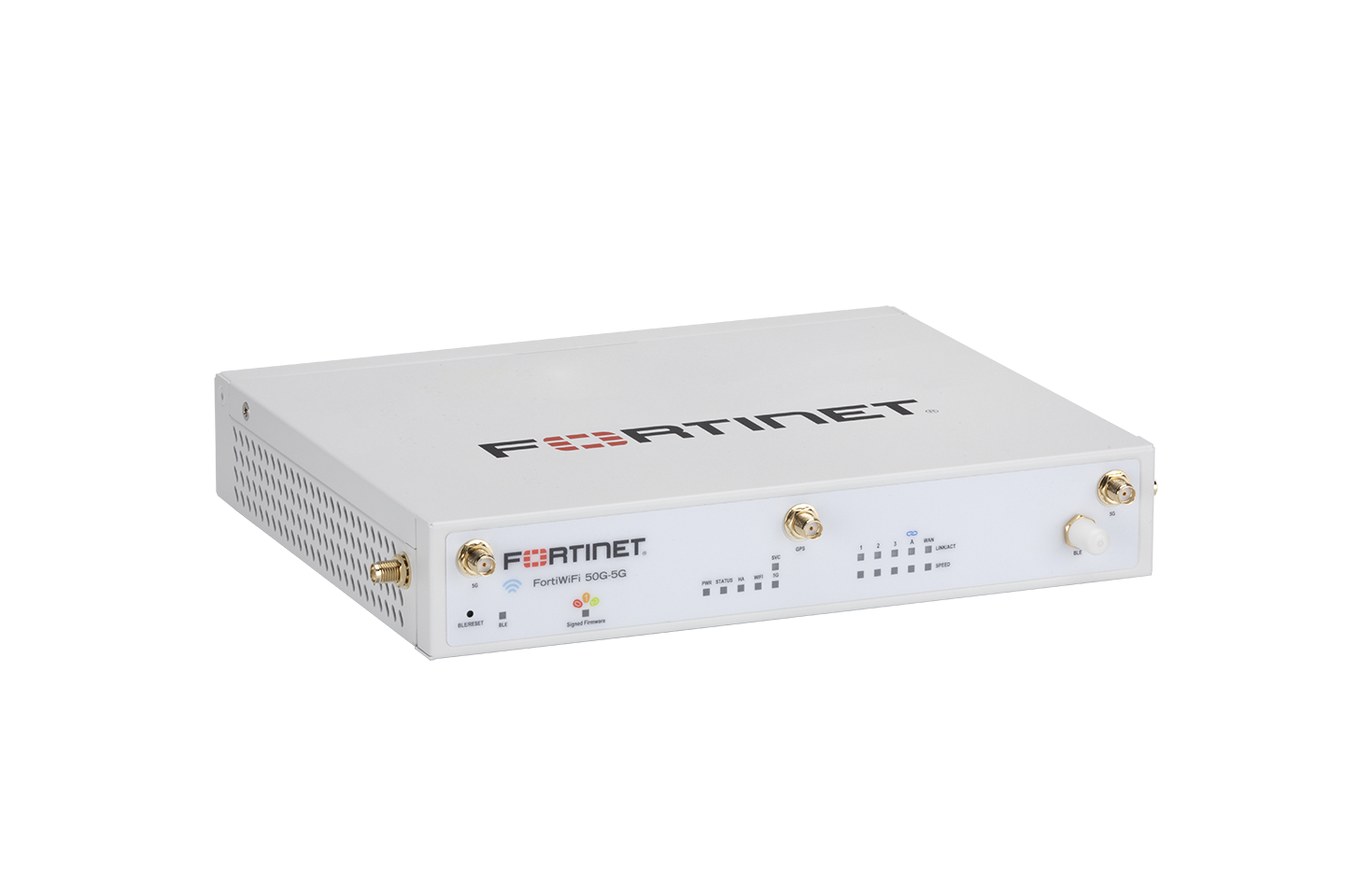 Fortinet FWF-50G-5G-II-N FortiWiFi 502-1G white security appliance with gold antennas