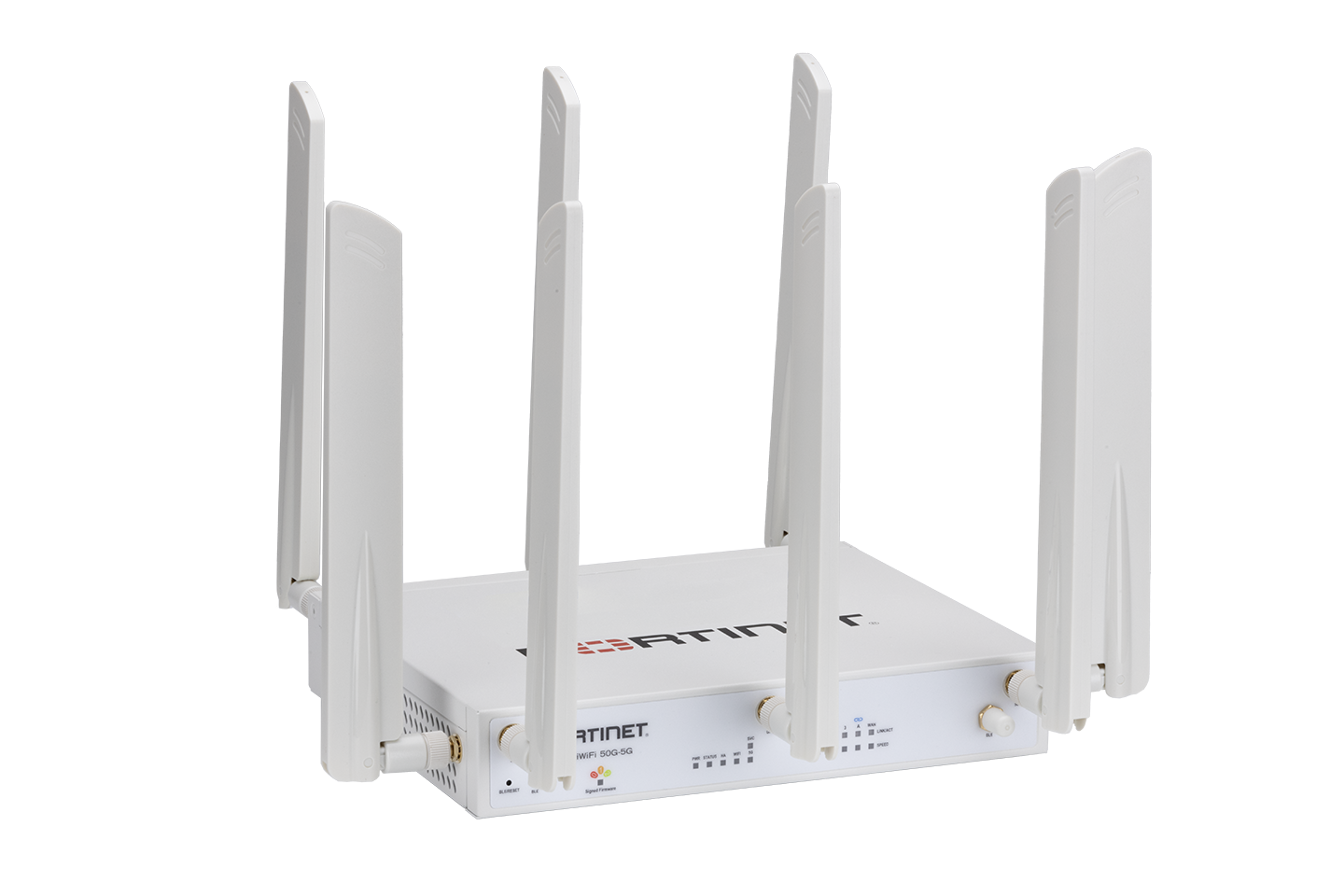 Fortinet FWF-50G-5G-II-N router with 8 SMA antennas back view