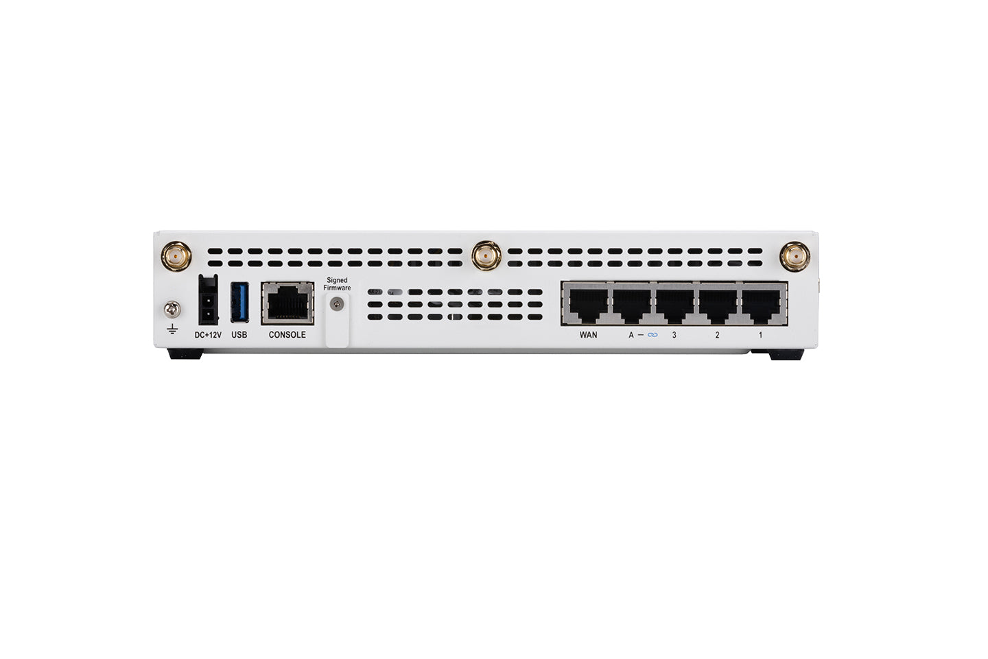 Rear panel of Fortinet FWF-50G-5G-II-N router with ethernet, USB, DC ports