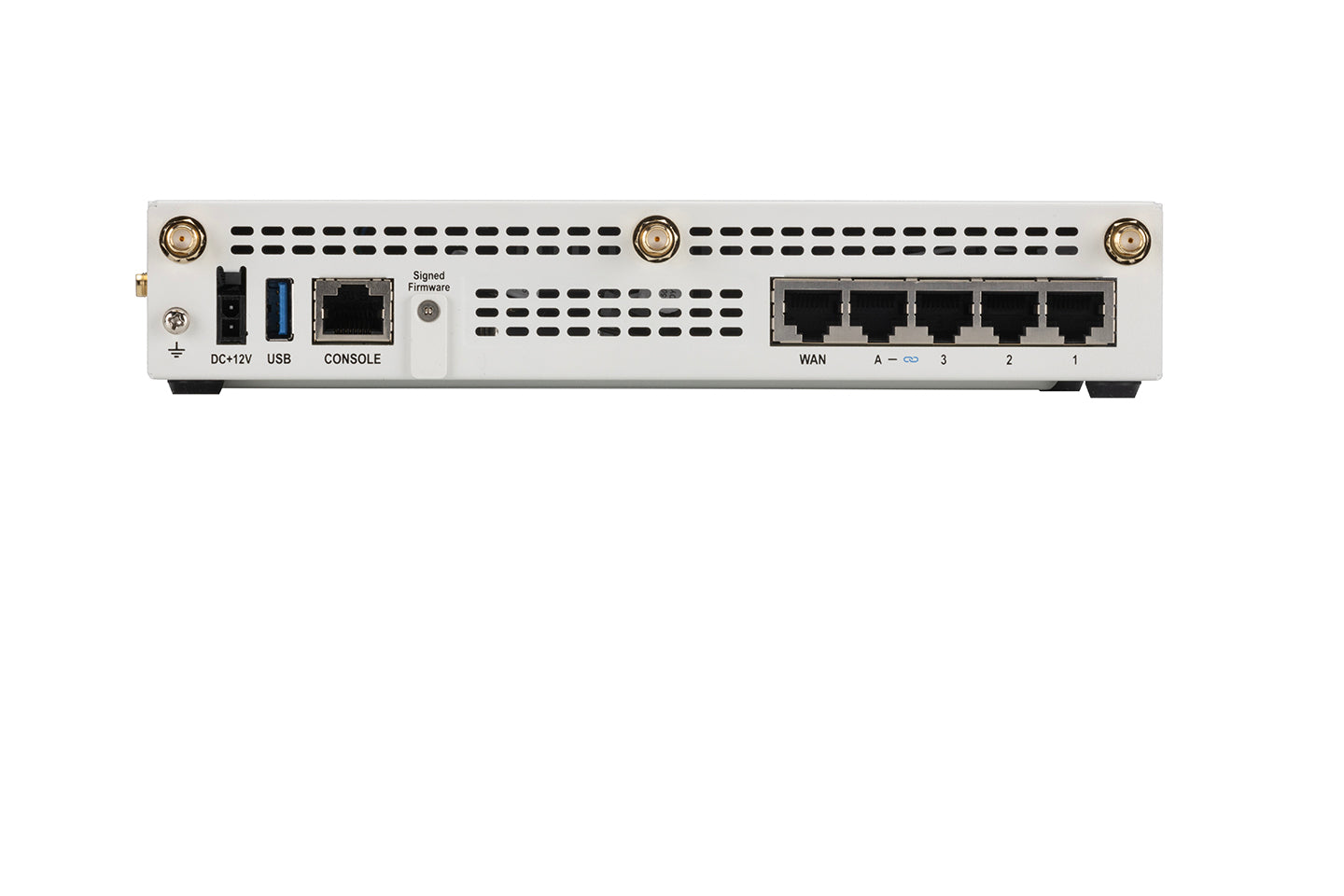 Back of Fortinet FWF-50G-5G-II-N router with WAN port, gold antenna connectors