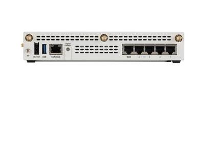 Back of Fortinet FWF-50G-5G-II-N router with WAN port, gold antenna connectors