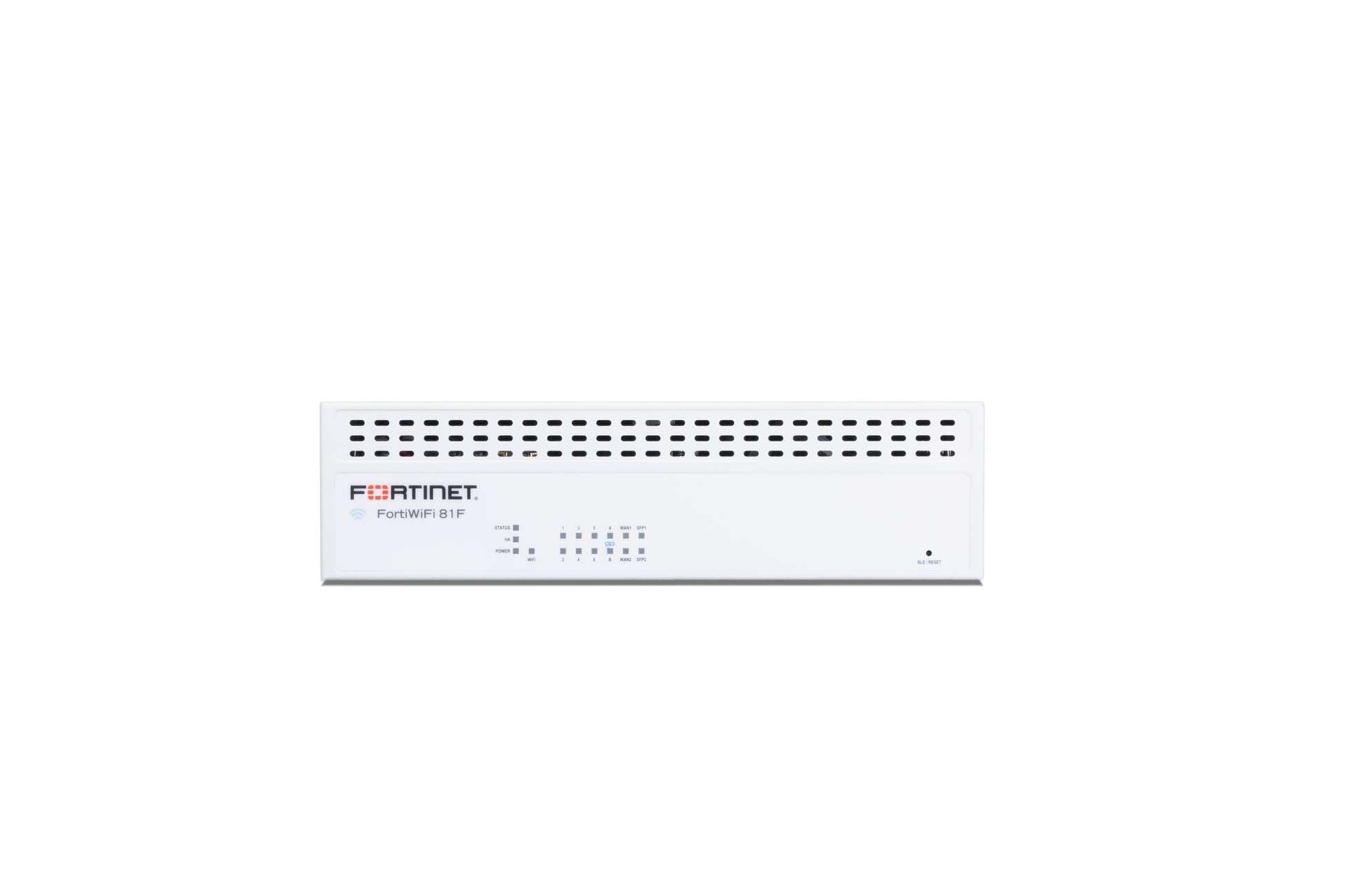White Fortinet FortiWiFi 80F appliance with 8 GE RJ45 ports, sleek design
