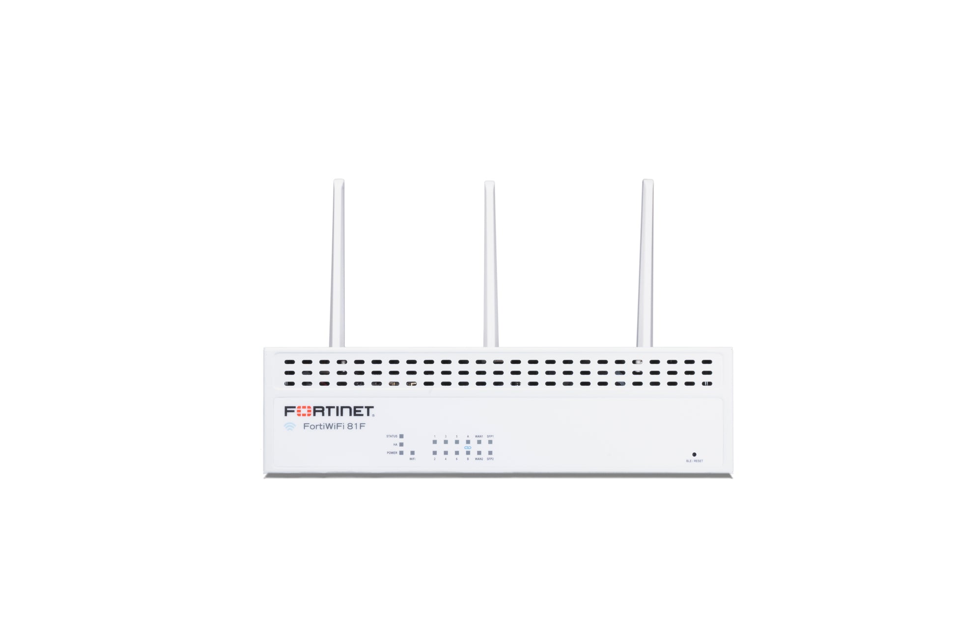 White Fortinet FortiWiFi 80F router with 3 antennas and perforated panel