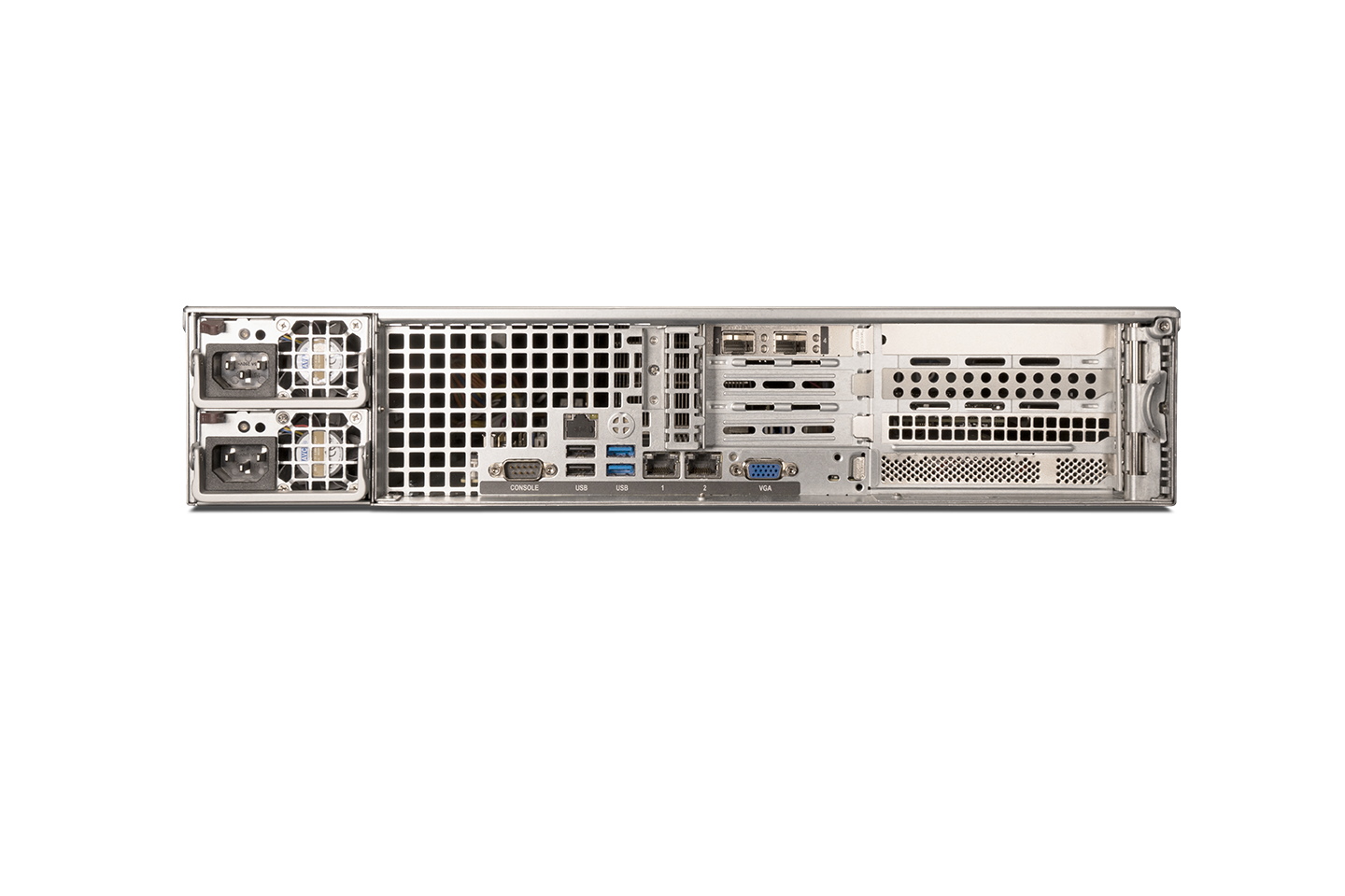 Fortinet FMG-1000F-USG silver server rack with ports and vents