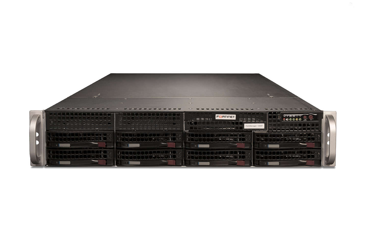 Fortinet FMG-1000F-USG black server rack with silver handles and drive bays
