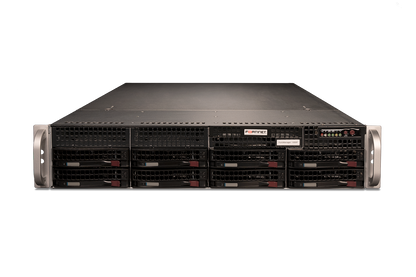 Fortinet FMG-1000F-USG black server rack with silver handles and drive bays