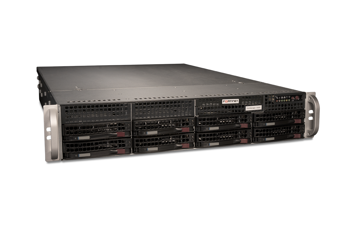 Black and silver Fortinet FortiManager-1000F rack server with drive bays and grilles