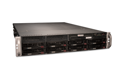 Black and silver Fortinet FortiManager-1000F rack server with drive bays and grilles