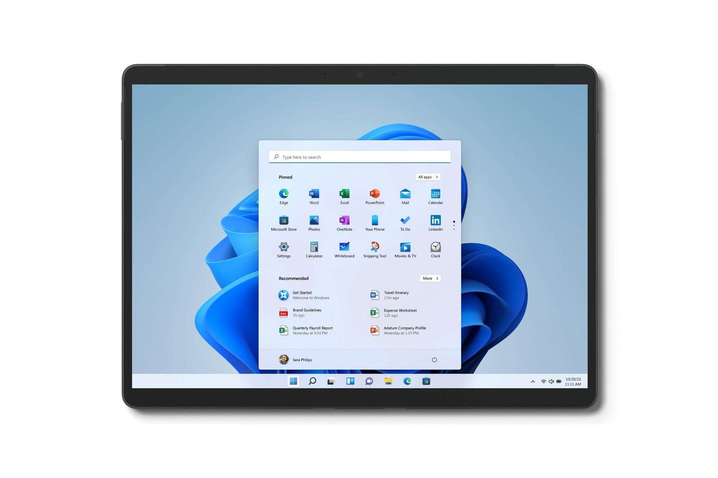 Microsoft Surface Pro 8 tablet with black frame showing Windows 11 Start menu