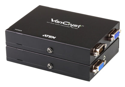 Black rectangular vancryst by aten vga audio cat 5 av extender kit with silver vga ports and power indicator backside view
