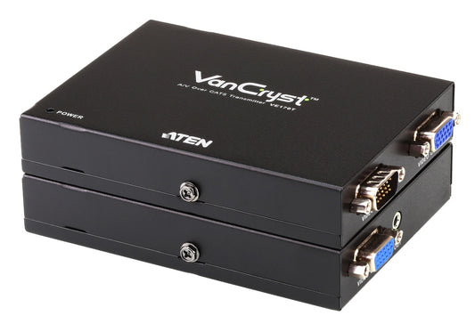 Black rectangular vancryst by aten vga audio cat 5 av extender kit with silver vga ports and power indicator backside view