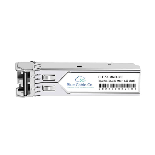 Silver metallic mcl3208011-sx-bcc sfp transceiver module with blue cable co label for 1gb multi-mode 550m use
