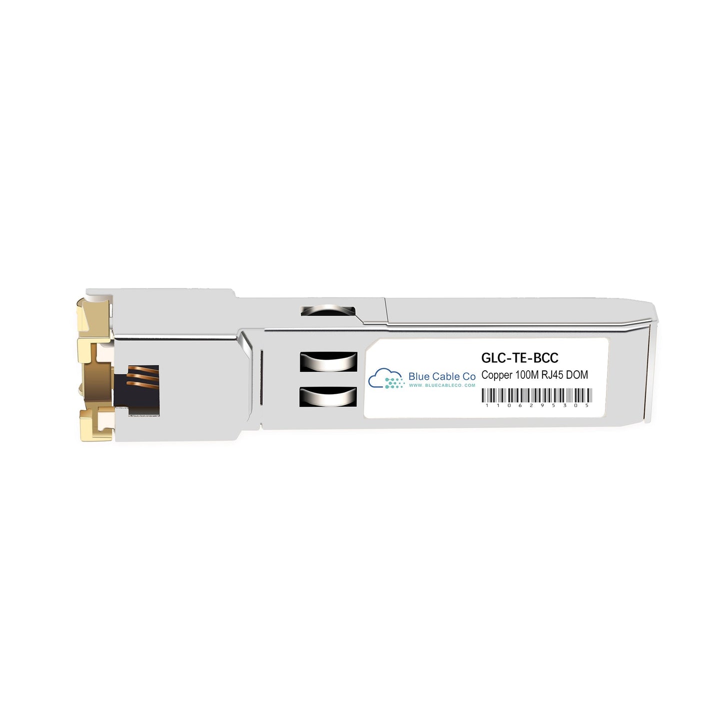 Silver metallic sfp+ transceiver module with gold-plated connector and white label for 1gb copper rj45 100m use
