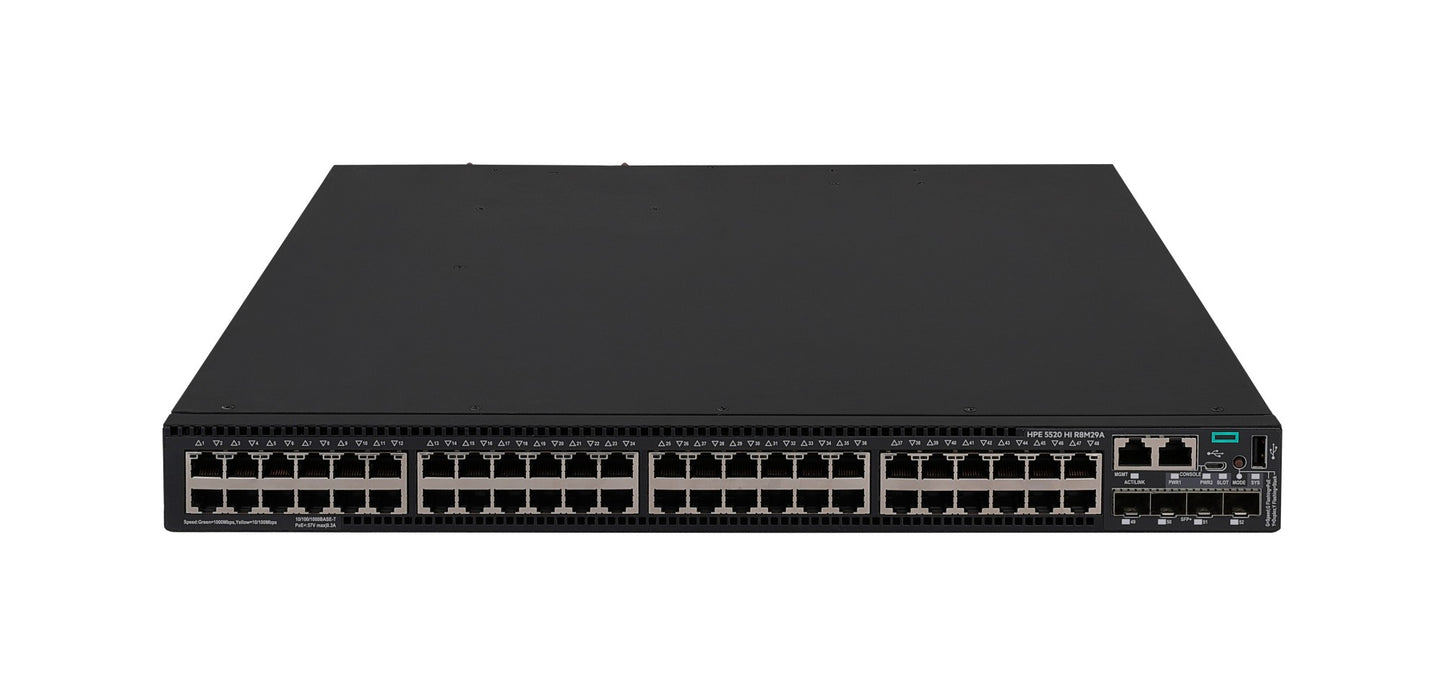 HPE R8M29A | 5520HI Series 48 x 1GbE Ports, 4x10G SFP+ Uplinks, 2 Fan Trays, 2 Power Supplies