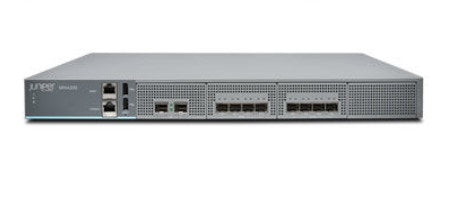 Gray metal juniper srx4200 services gateway firewall back with multiple 10ge ports ventilation grilles and ac psu