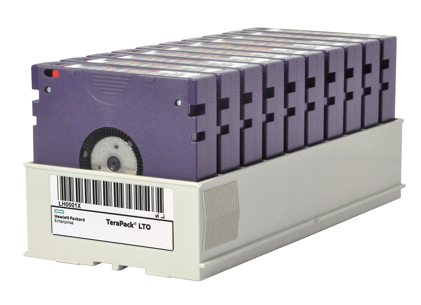 Purple terapack lto-1 tape cartridges neatly arranged in a white tray for hpe r0r28a spectra terapack ts1160 20tb storage