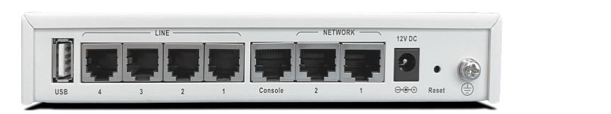 Back of Fortinet FVG-GO04 white plastic switch with Ethernet ports, USB, 12V DC