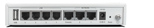 Back of Fortinet FVG-GO04 white plastic switch with Ethernet ports, USB, 12V DC