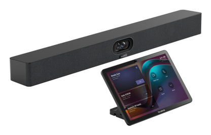 Yealink A40 MeetingBar black soundbar with camera above Vizio tablet