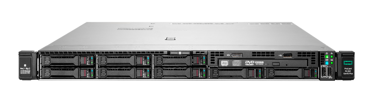 HPE ProLiant DL380 Gen10 server rack with black front panel and 8 SFF bays