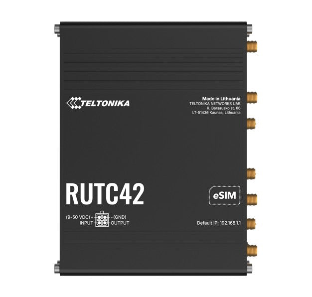 Black teltonika rutc42 dual-modem lte cat 4 industrial router with gold connectors and white labeling shown from back